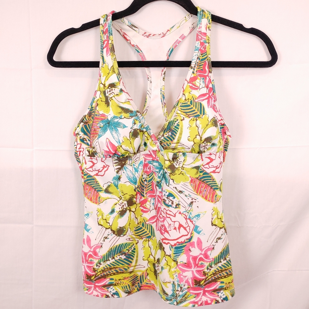Athleta Floral Tankini Swim Racerback Top Greens/Pink/Brown/Red/White Size Small